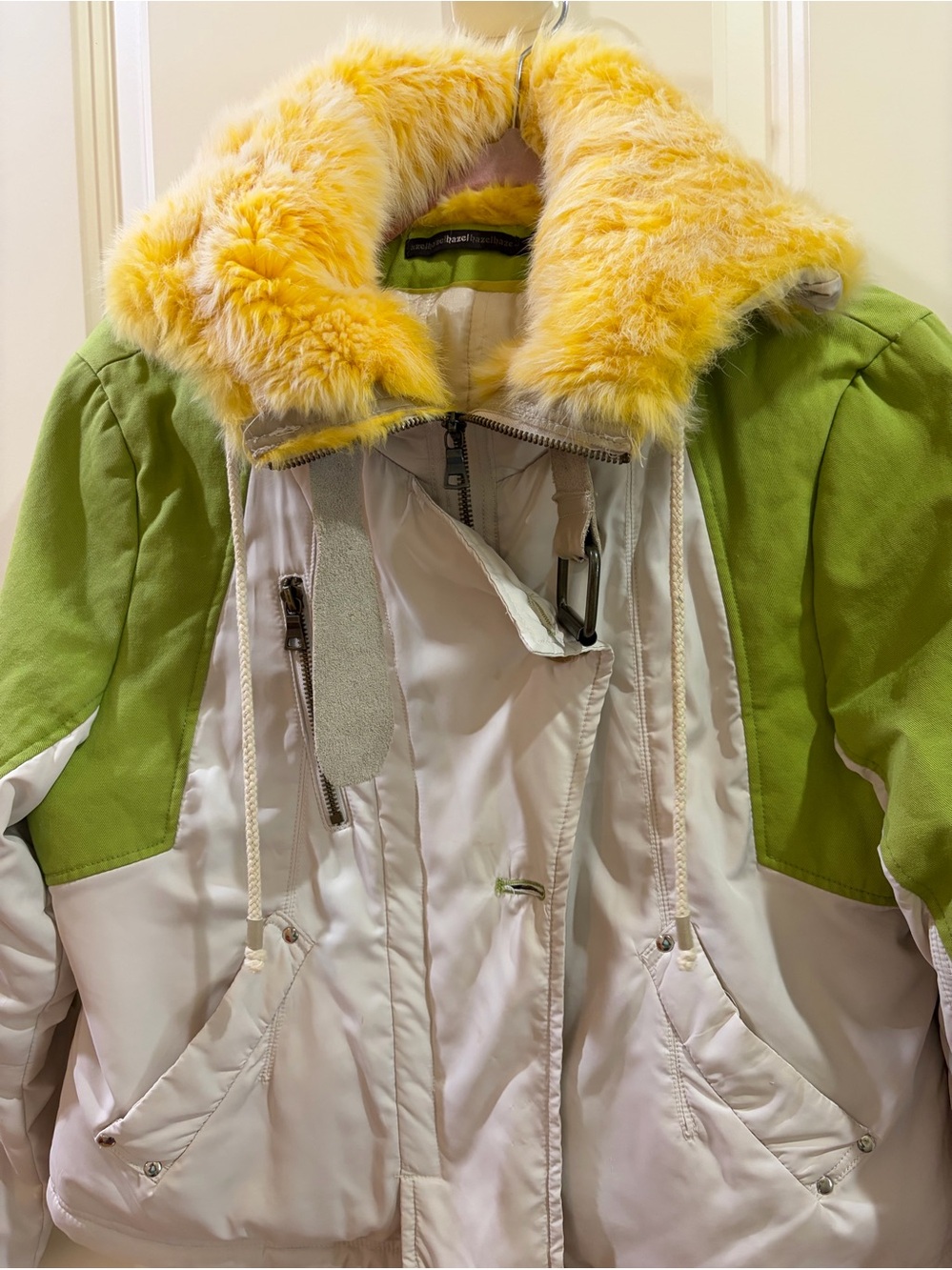 HAZEL Women’s Size S  White and Lime Jacket with Yellow Real fur zippered hood.